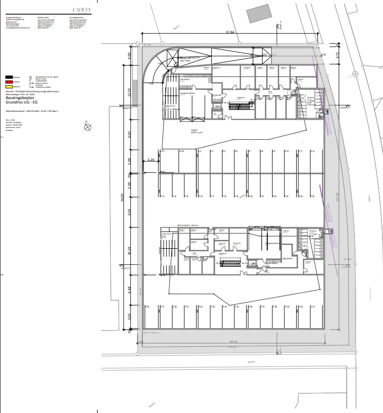 Grundriss der Tiefgarage mit eingezeichneten Parkplätzen